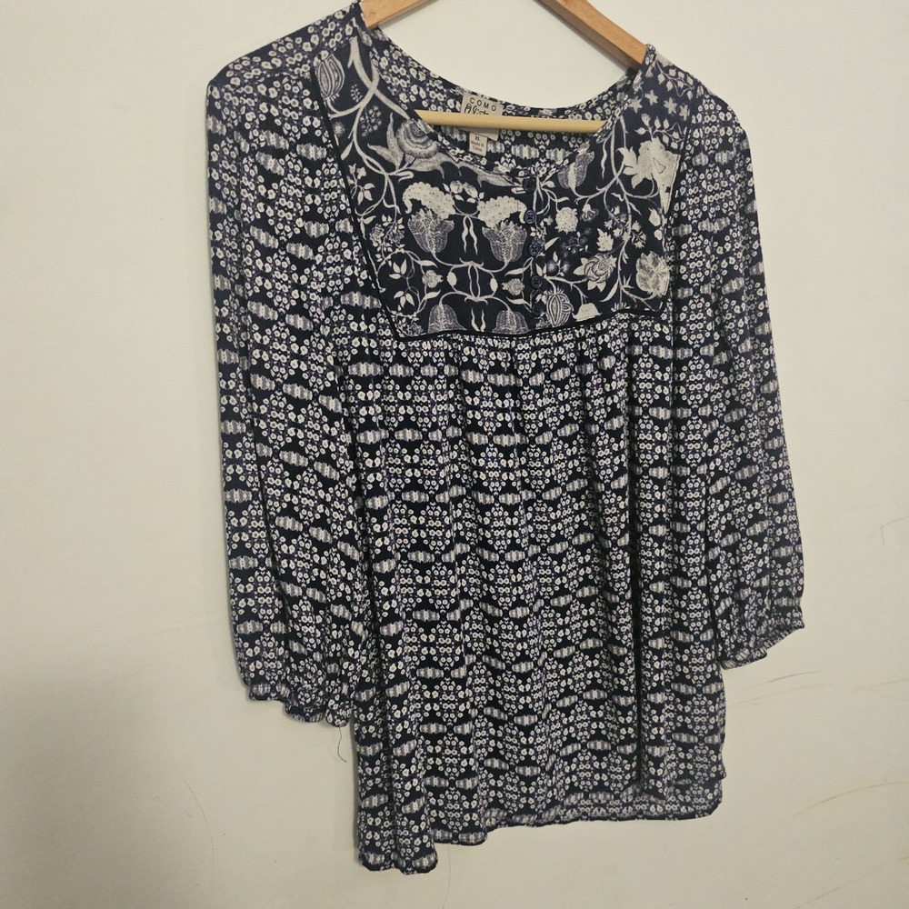 Como Vintage Women's Blouse‎ Blue Flowy Button Up Blouse XL Artsy Resort Beach